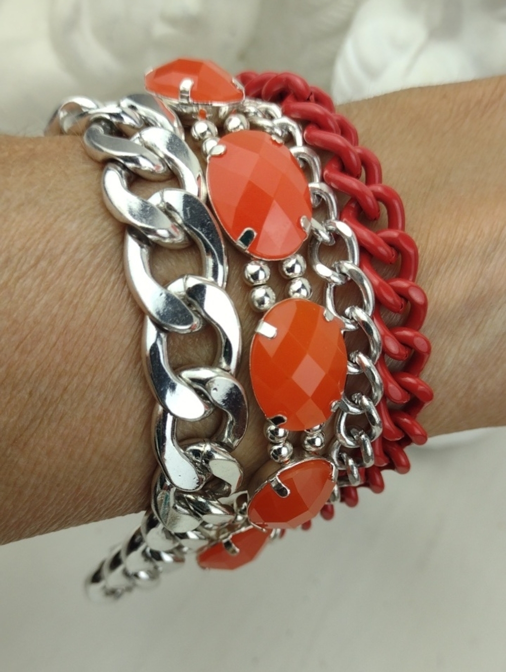 Chunky Red & Coral Stone Silver Chain Gorgeous Bracelet